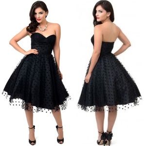 Unique Vintage Swiss Dot Strapless Swing Dress